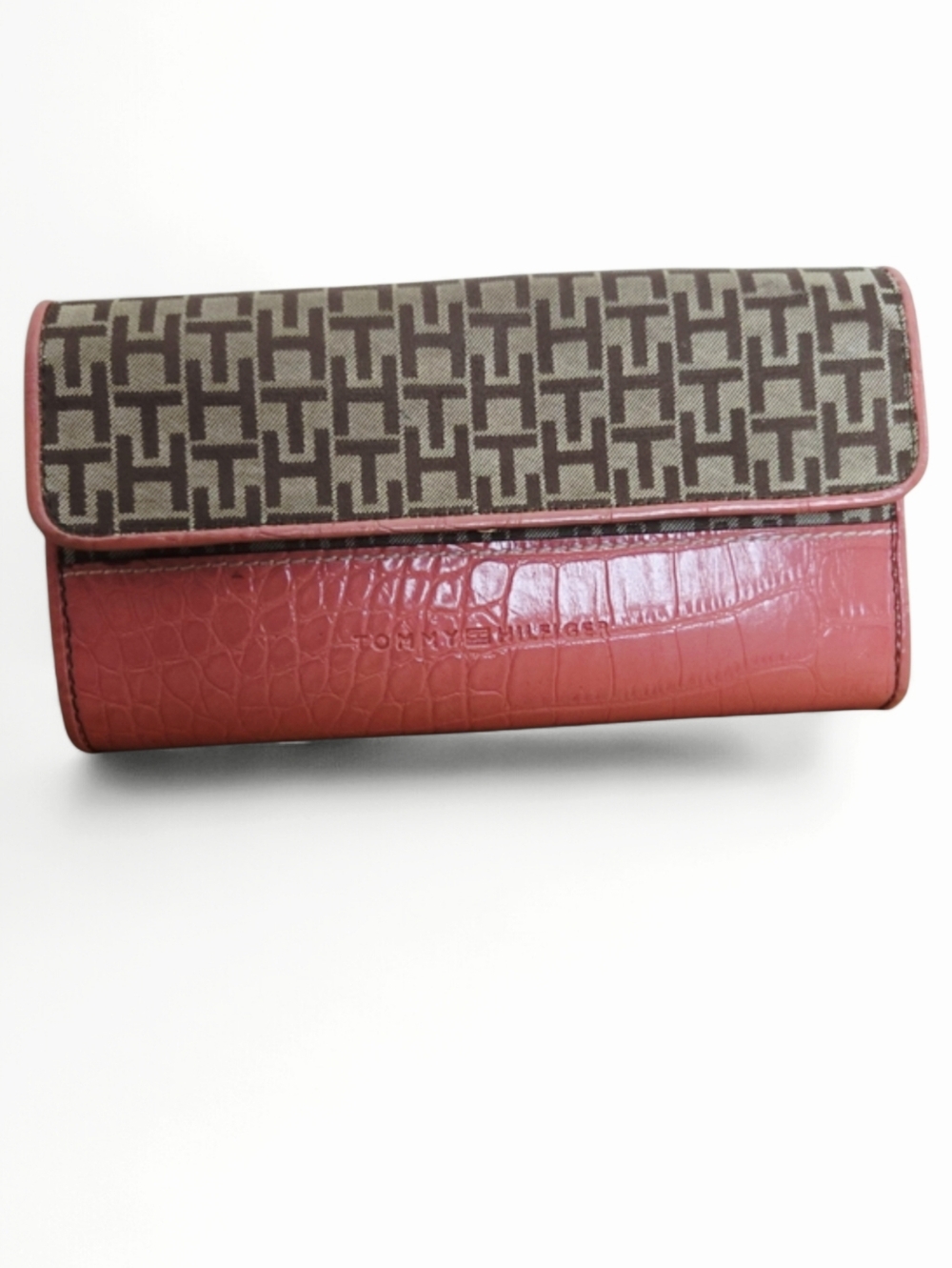 Tommy Hilfiger Signature Tri-Fold Wallet Coral Faux Croc Logo Continental